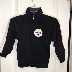 Black NFL Pittsburgh Steelers Reebok old school kids boys sewn letter jacket M